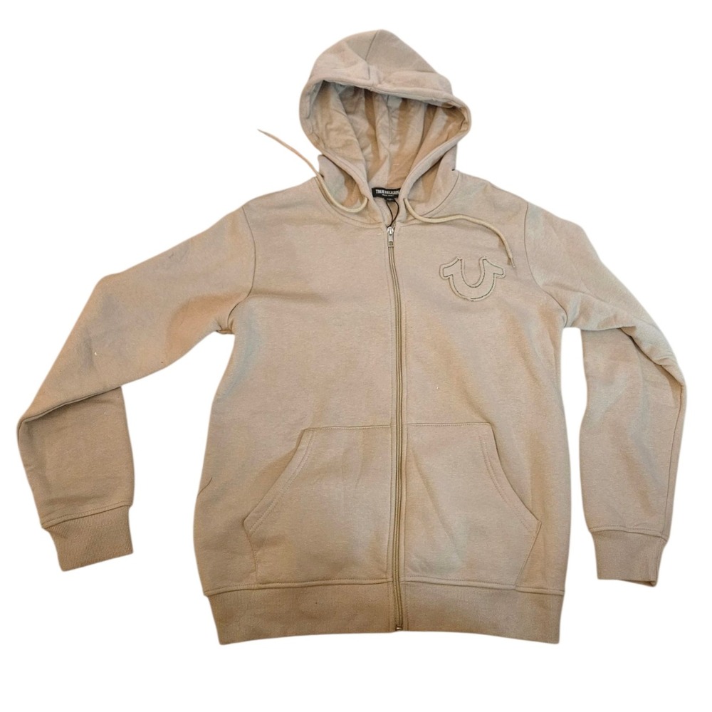 True Religion Zip Up Hoodie Womens M/M Beige Graphic Back Print‎ Jacket Top